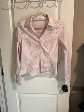Women’s Pink Striped Button-Down Shirt with Point Collar